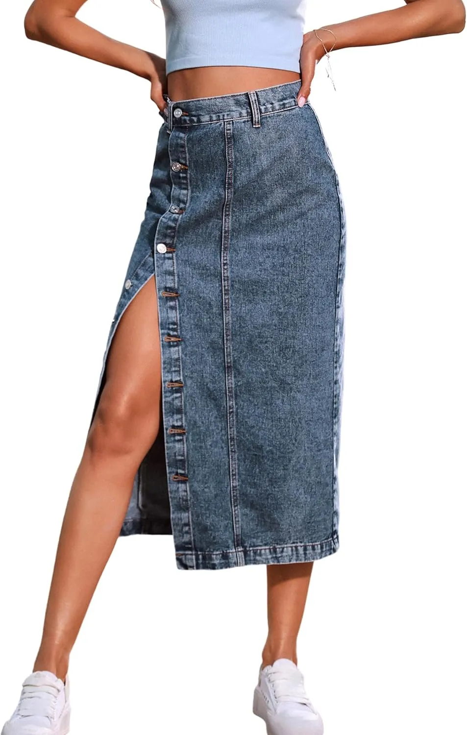 Yvipette Womens High Waist Denim Jean Skirt Casual Buttoned Side Slit Pencil Skirt