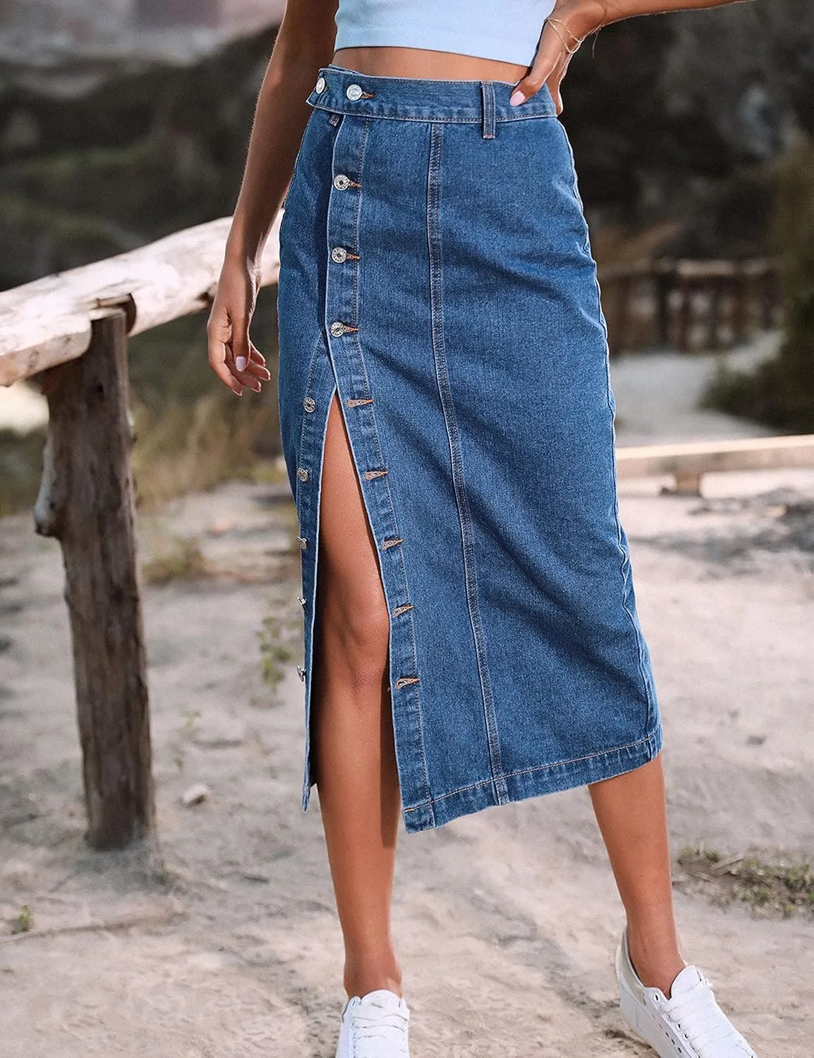 Yvipette Womens High Waist Denim Jean Skirt Casual Buttoned Side Slit Pencil Skirt