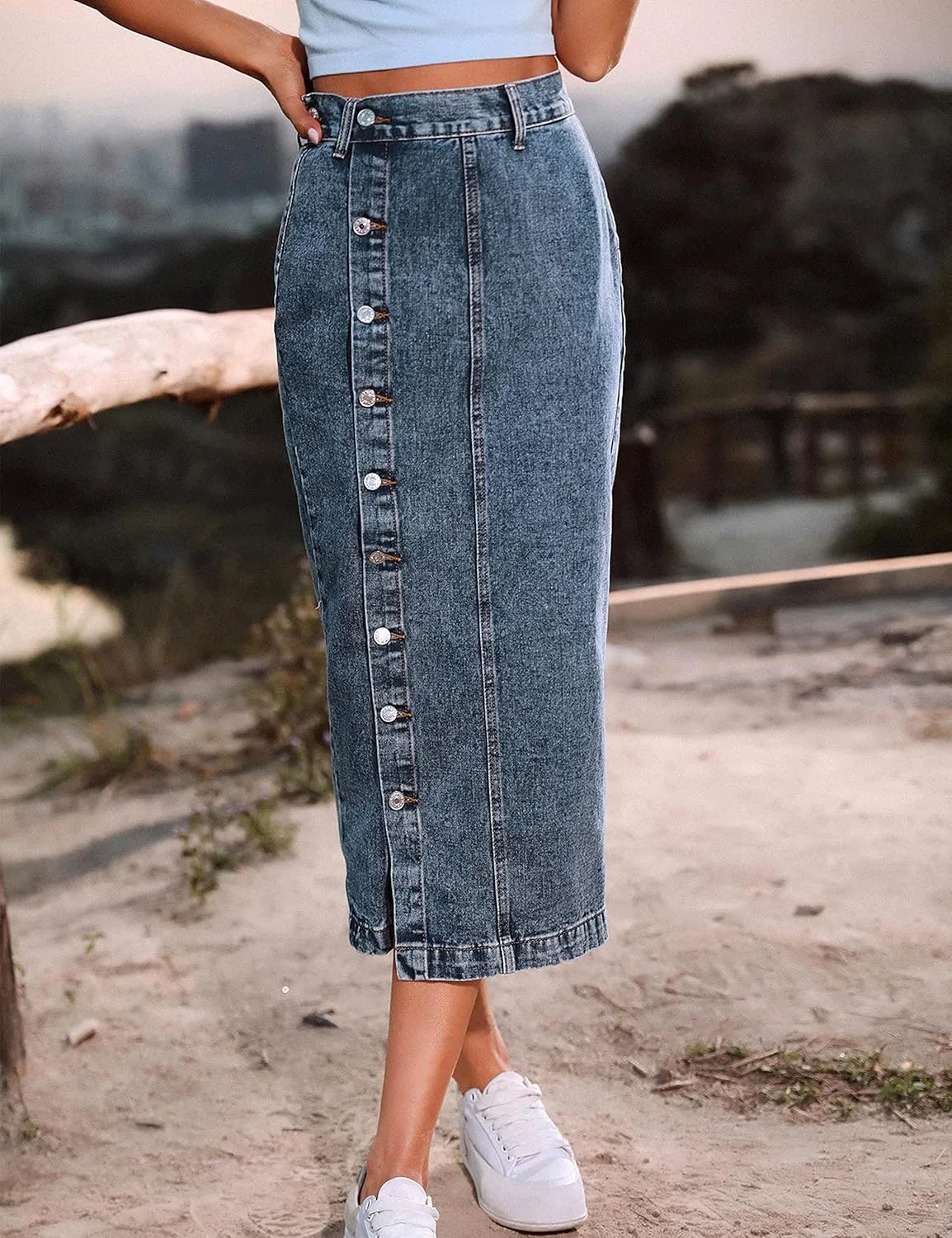 Yvipette Womens High Waist Denim Jean Skirt Casual Buttoned Side Slit Pencil Skirt