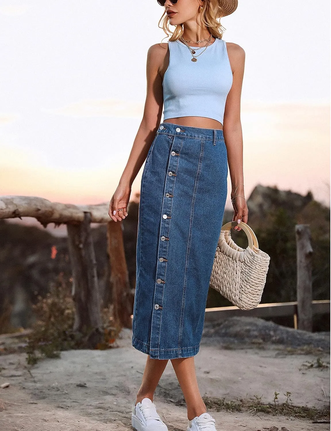 Yvipette Womens High Waist Denim Jean Skirt Casual Buttoned Side Slit Pencil Skirt