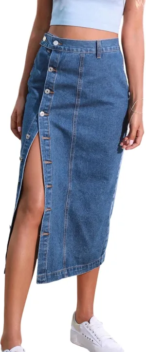 Yvipette Womens High Waist Denim Jean Skirt Casual Buttoned Side Slit Pencil Skirt