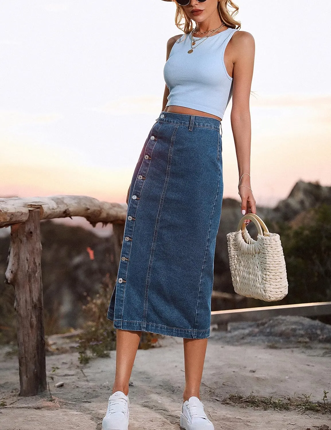 Yvipette Womens High Waist Denim Jean Skirt Casual Buttoned Side Slit Pencil Skirt