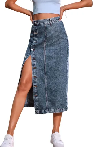 Yvipette Womens High Waist Denim Jean Skirt Casual Buttoned Side Slit Pencil Skirt