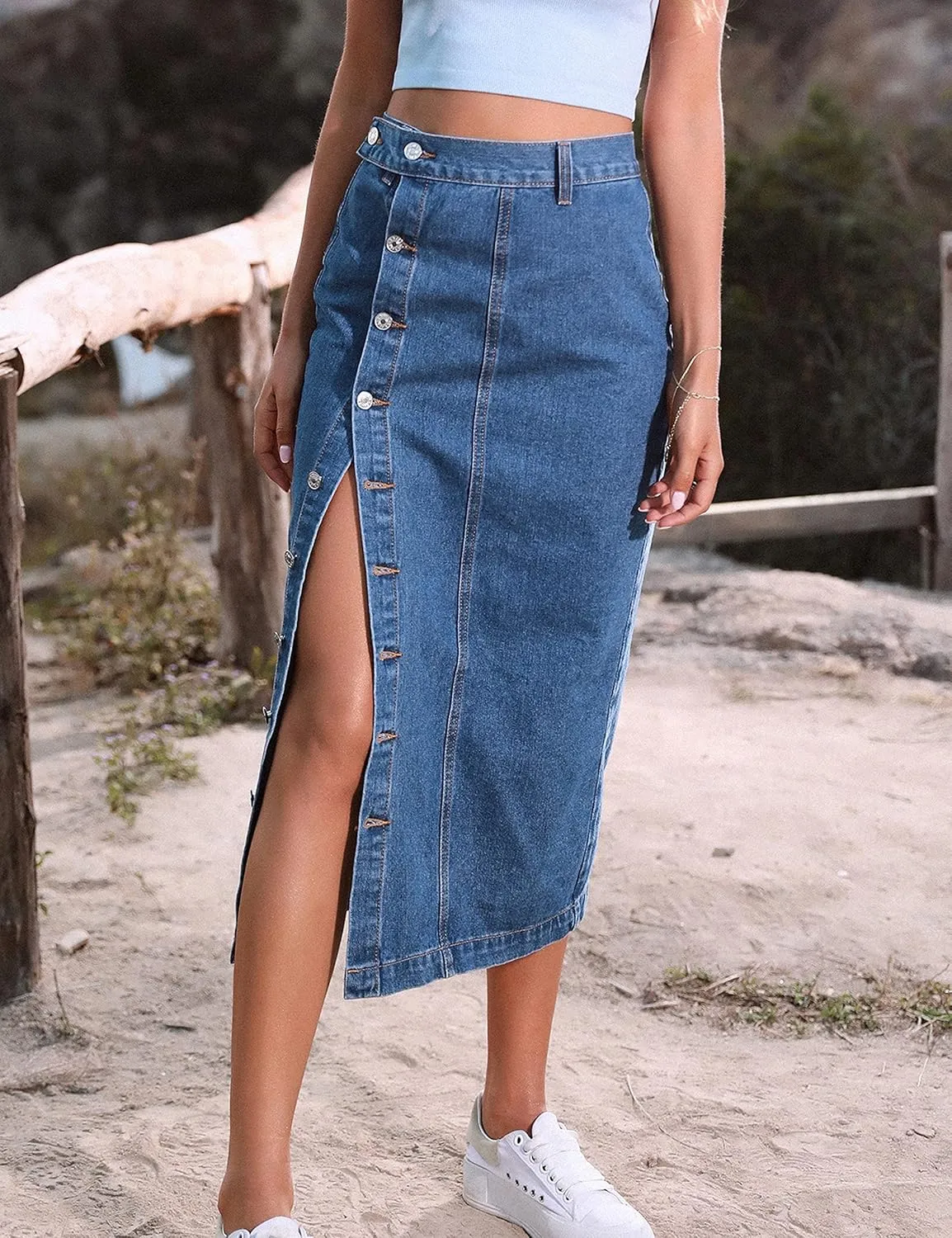 Yvipette Womens High Waist Denim Jean Skirt Casual Buttoned Side Slit Pencil Skirt